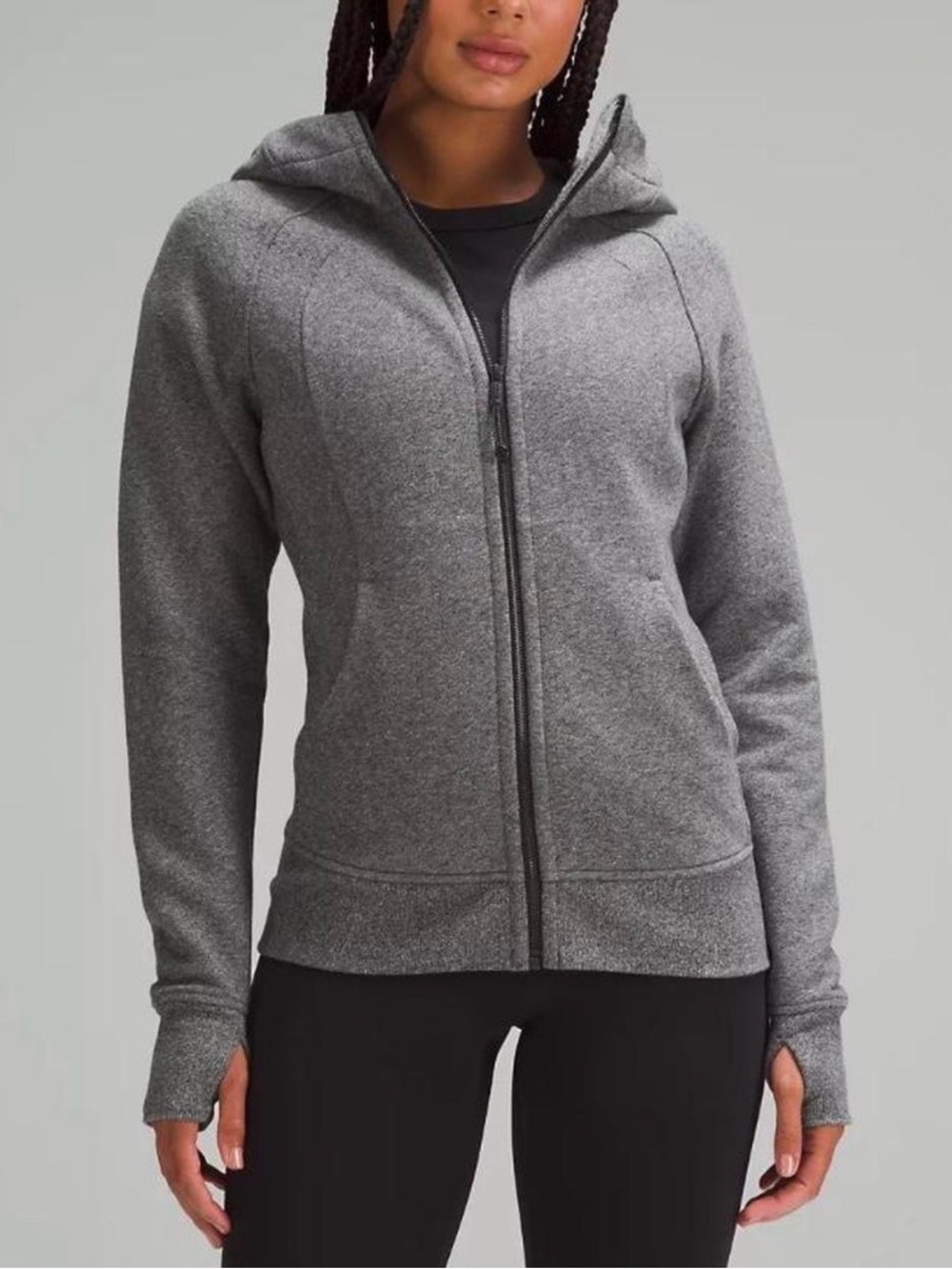 Lululemon Scuba Full-Zip Hoodie in a heathered gray fleece material